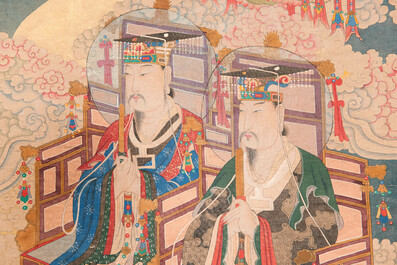 Chinese school: 'Deities in heaven', ink and colour on silk, Qing