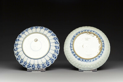 A group of thirteen Chinese blue, white and famille rose plates and a bowl, late Ming/early Qing