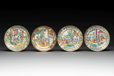 Thirteen Chinese Canton famille rose plates with narrative design, 19th C.
