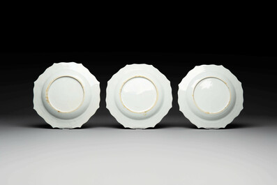 Two sets of six Chinese famille rose plates with peonies, Yongzheng/Qianlong
