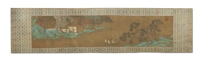 Chinese school: 'Sages in a lake landscape', ink and colour on silk, Ming or later