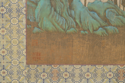 Chinese school: 'Sages in a lake landscape', ink and colour on silk, Ming or later