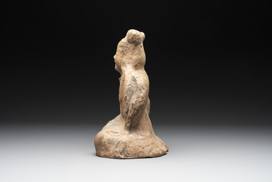Two Chinese terracotta sculptures and a painted cocoon vase, Han