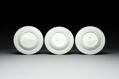 Two sets of six Chinese famille rose plates with peonies, Yongzheng/Qianlong