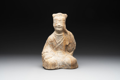 Two Chinese terracotta sculptures and a painted cocoon vase, Han