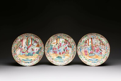 Six Chinese Canton famille rose deep plates with narrative design, 19th C.
