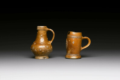Five stoneware mugs and jugs with various seals, Germany, 16/17th C.