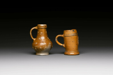 Five stoneware mugs and jugs with various seals, Germany, 16/17th C.