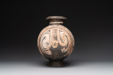Two Chinese terracotta sculptures and a painted cocoon vase, Han
