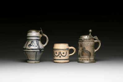 Five stoneware mugs and jugs with various seals, Germany, 16/17th C.