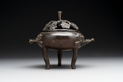 Two Chinese Chinese bronze cylindrical incense stick holders and a covered censer, Yuan/Ming and Qing