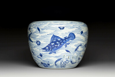 A Chinese blue and white 'carp' fishbowl, Kangxi