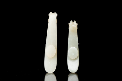 Two fine Chinese white jade carved belt hooks, Qing