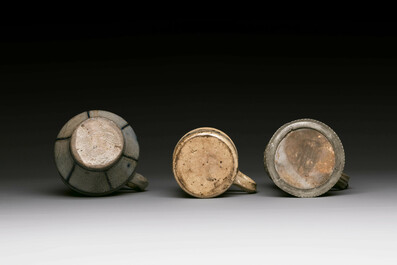 Five stoneware mugs and jugs with various seals, Germany, 16/17th C.