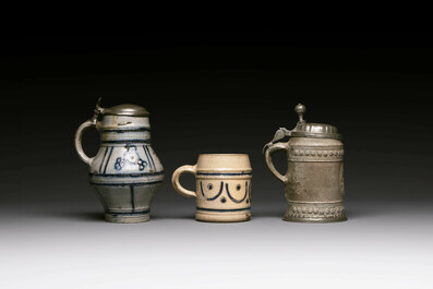 Five stoneware mugs and jugs with various seals, Germany, 16/17th C.