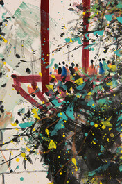 Wu Guanzhong 吴冠中 (1919-2010): 'A corner of the courtyard', ink and colour on paper, dated 1991