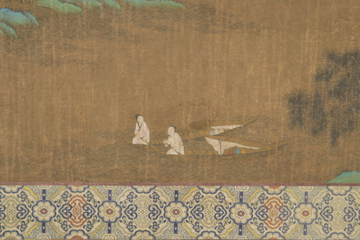 Chinese school: 'Sages in a lake landscape', ink and colour on silk, Ming or later