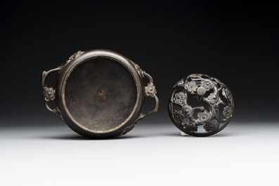 Two Chinese Chinese bronze cylindrical incense stick holders and a covered censer, Yuan/Ming and Qing