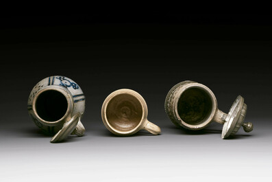 Five stoneware mugs and jugs with various seals, Germany, 16/17th C.