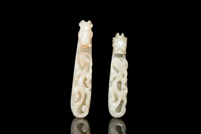 Two fine Chinese white jade carved belt hooks, Qing