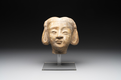 Two Chinese terracotta sculptures and a painted cocoon vase, Han