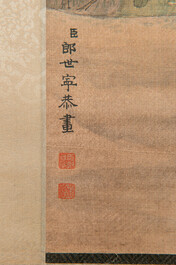 Chinese school, after Giuseppe Castiglione 郎世寧 (1688-1766): 'Hound under the sycamore tree', ink and colour on silk, Qianlong seal mark,18/19th C.