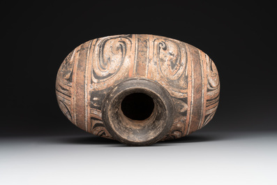 Two Chinese terracotta sculptures and a painted cocoon vase, Han