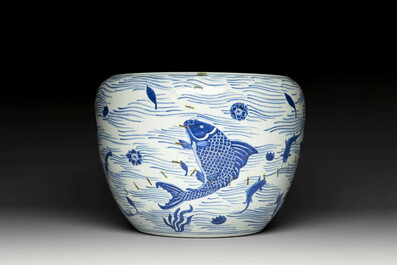 A Chinese blue and white 'carp' fishbowl, Kangxi