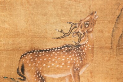 Chinese school: 'Two deer under a pine tree', ink and colour on silk, Qing or later