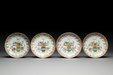 Four Chinese famille rose 'flower basket' plates, Qianlong