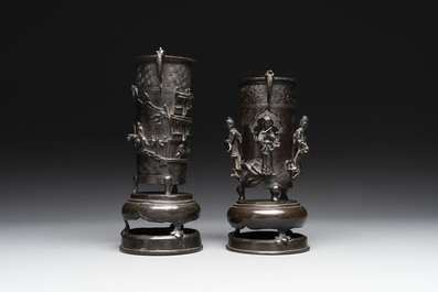 Two Chinese Chinese bronze cylindrical incense stick holders and a covered censer, Yuan/Ming and Qing