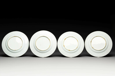 A Chinese famille rose dish and four plates with floral design, Qianlong