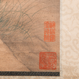 Chinese school, after Giuseppe Castiglione 郎世寧 (1688-1766): 'Hound under the sycamore tree', ink and colour on silk, Qianlong seal mark,18/19th C.