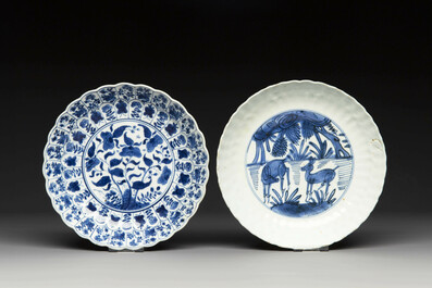 A group of thirteen Chinese blue, white and famille rose plates and a bowl, late Ming/early Qing