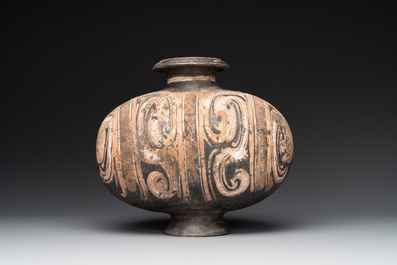 Two Chinese terracotta sculptures and a painted cocoon vase, Han