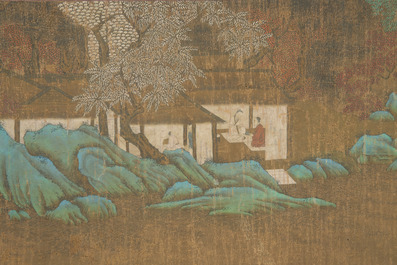 Chinese school: 'Sages in a lake landscape', ink and colour on silk, Ming or later