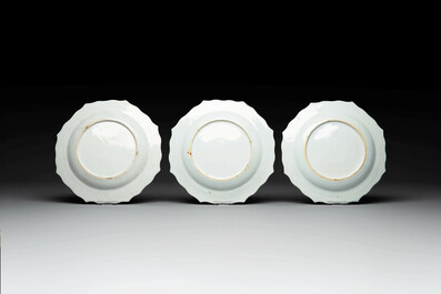 Two sets of six Chinese famille rose plates with peonies, Yongzheng/Qianlong