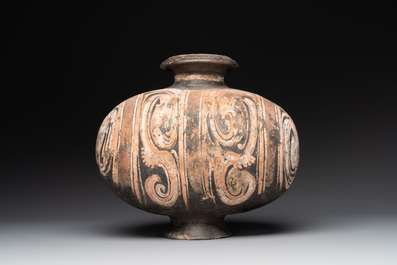 Two Chinese terracotta sculptures and a painted cocoon vase, Han