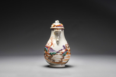 Four Chinese famille rose cups and saucers and an ewer with design of two horses, Qianlong