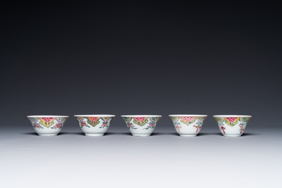 Five Chinese famille rose cups and six saucers with floral decor, Yongzheng/Qianlong