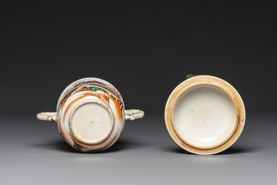 Four Chinese famille rose cups and saucers and a sugar bowl with design of two horses, Qianlong