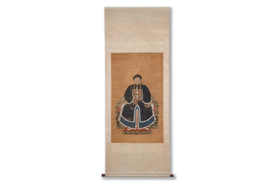 Chinese school: 'Full body portrait of a prince', ink and colour on silk, Qing