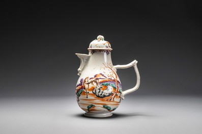 Four Chinese famille rose cups and saucers and an ewer with design of two horses, Qianlong