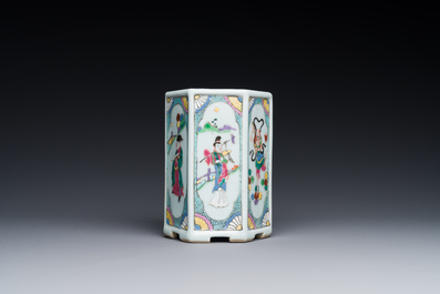 A hexagonal Chinese famille rose brush pot, Yongzheng