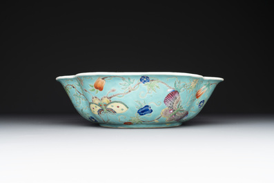 A set of 14 Chinese turquoise-ground famille rose dinner service, Qianglong mark, 19th C.