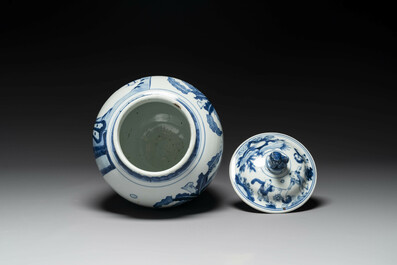 A Chinese blue and white 'Jia Guan Jin Jue 加官晉爵' vase and cover, Transitional period