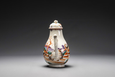 Four Chinese famille rose cups and saucers and an ewer with design of two horses, Qianlong