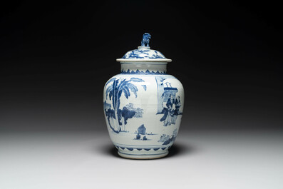 A Chinese blue and white 'Jia Guan Jin Jue 加官晉爵' vase and cover, Transitional period