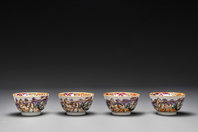 Four Chinese famille rose cups and saucers and an ewer with design of two horses, Qianlong