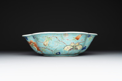 A set of 14 Chinese turquoise-ground famille rose dinner service, Qianglong mark, 19th C.